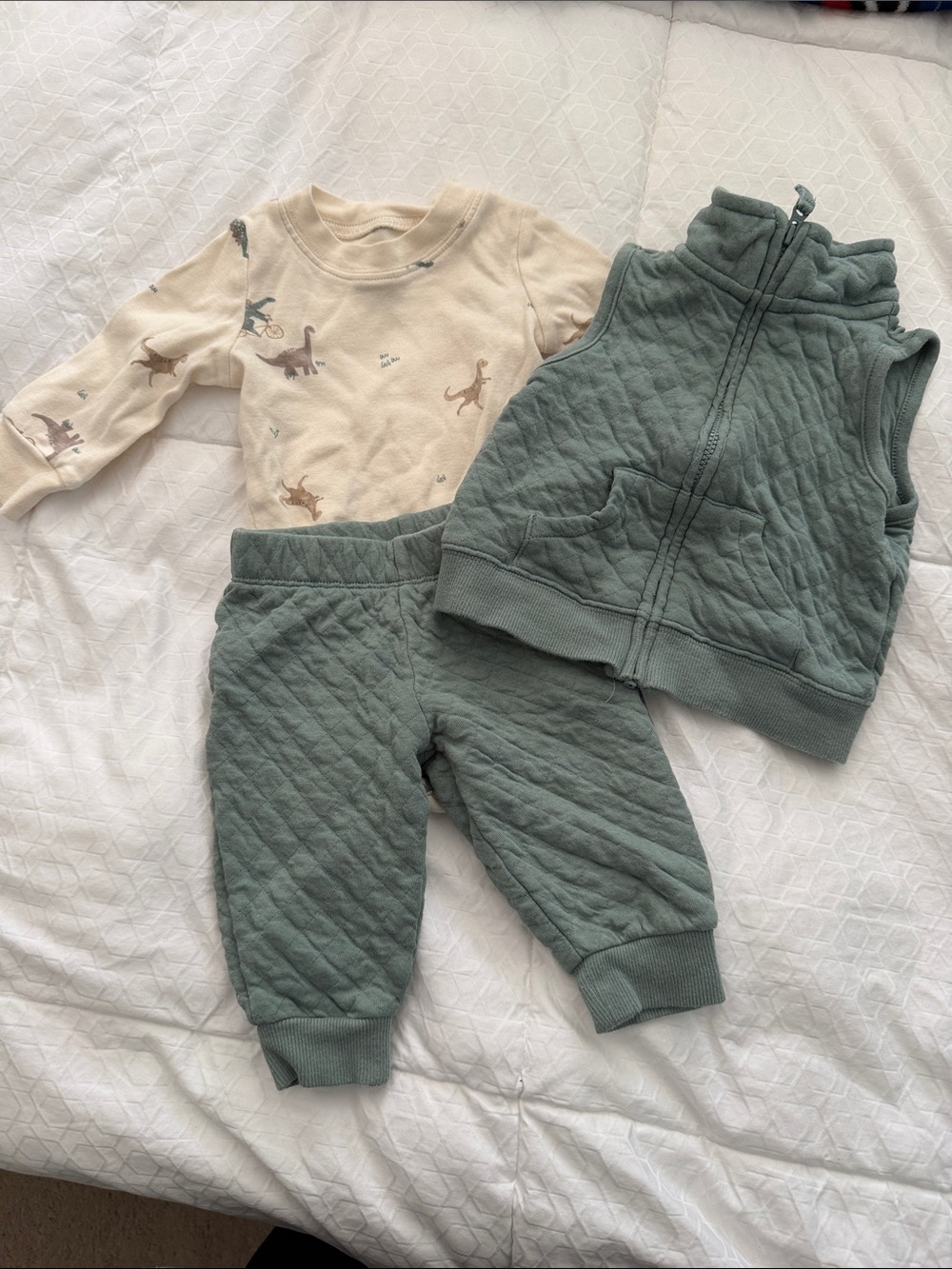Carter's Baby Dino Cream Top with Sage Quilted Vest & Pants Set